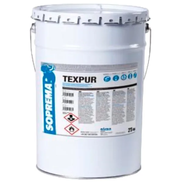 Tineta de 25kg de Texpur, membrana líquida de poliuretano para impermeabilización de superficies con geometría irregular