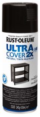 Lata de pintura en aerosol Rust‑Oleum Ultra Cover 2X negro semibrillante en uso sobre una superficie