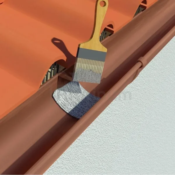 Brocha aplicando membrana impermeabilizante elástica en canaleta de techo con teja curva, sellado de puntos críticos